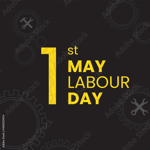 Minimalist Labour Day 1 May Gear and Tools Graphic on Black Background