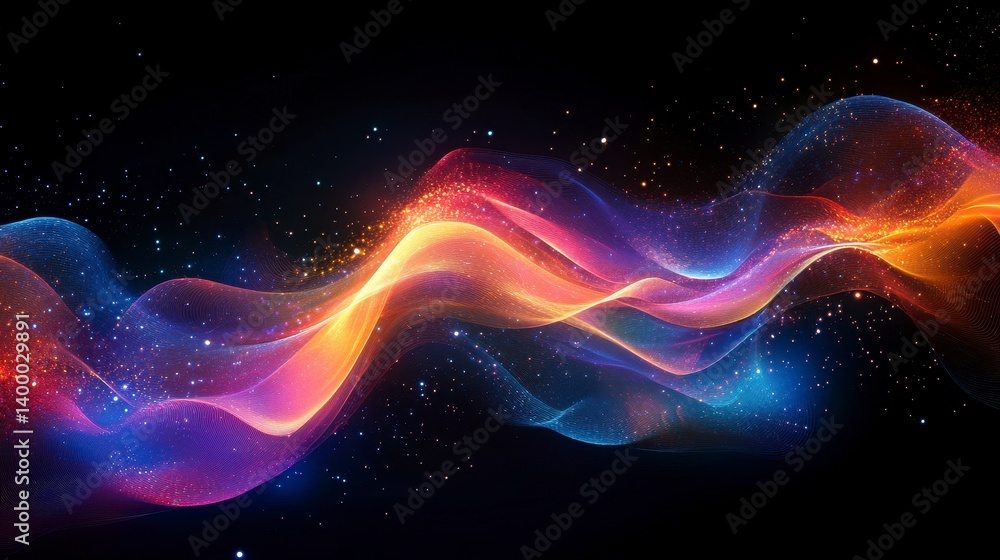 Colorful Waves of Light with Stars and Glow on Black Background Colorful Waves of Light with Stars and Glow on Black Background