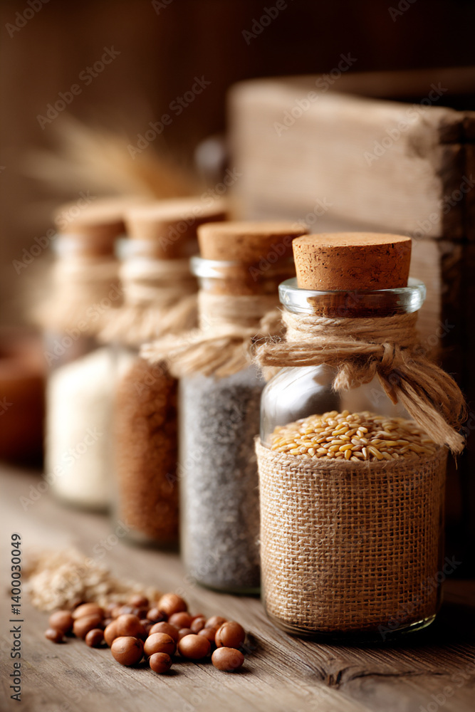 name: jars filled with various grains, name: jars filled with various grains,