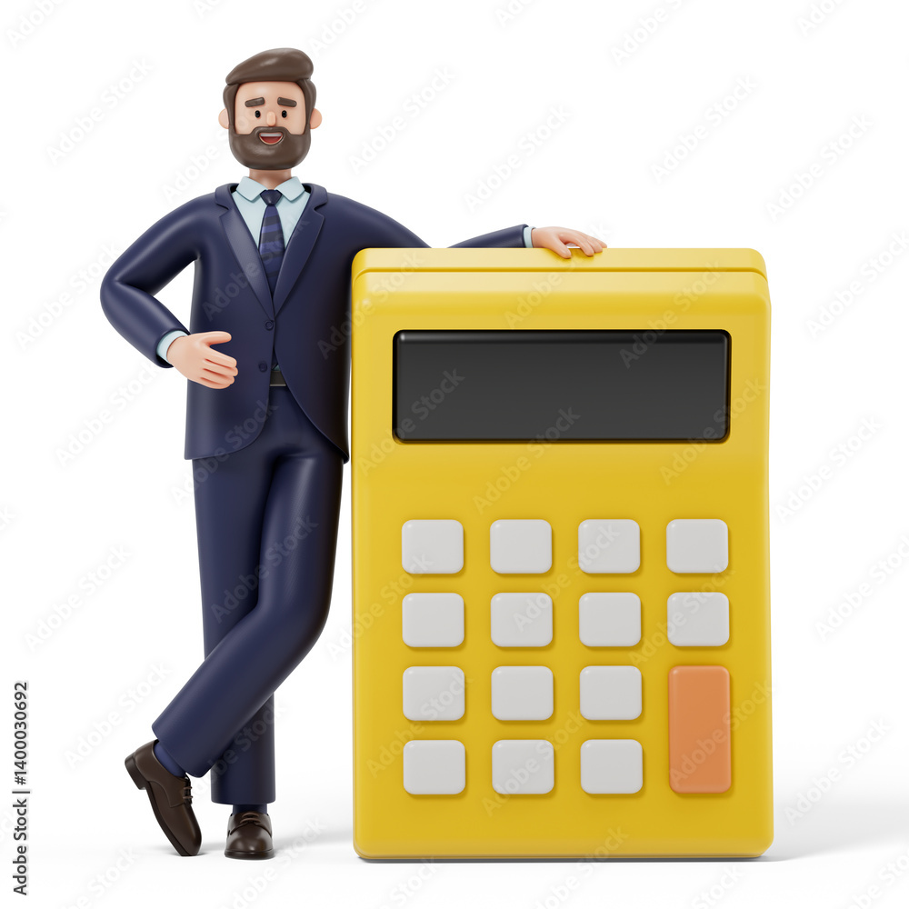 A man leans on a large calculator, symbolizing financial calculation or budgeting. 3D rendering, conceptual image. Isolated on white background. A man leans on a large calculator, symbolizing financial calculation or budgeting. 3D rendering, conceptual image. Isolated on white background.
