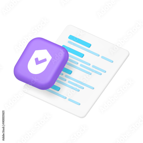 Contract agreement insurance legal form security protection check mark 3d icon realistic vector illustration. Document paperwork organization business guarantee assurance risk secure application