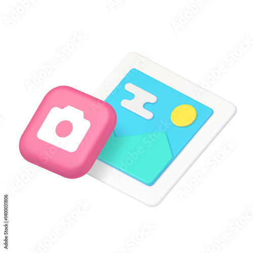 Photo picture image camera multimedia content button 3d icon realistic vector illustration. Media photographing electronic lens professional optical smart snapshot device cloud storage technology