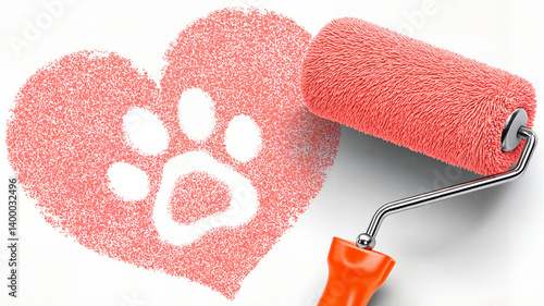 Paint roller creating a heart with a paw print background  