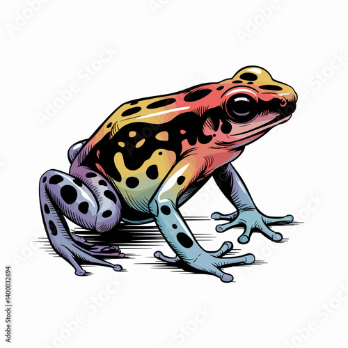 colorful frog sitting, black spots, white background clip art preview