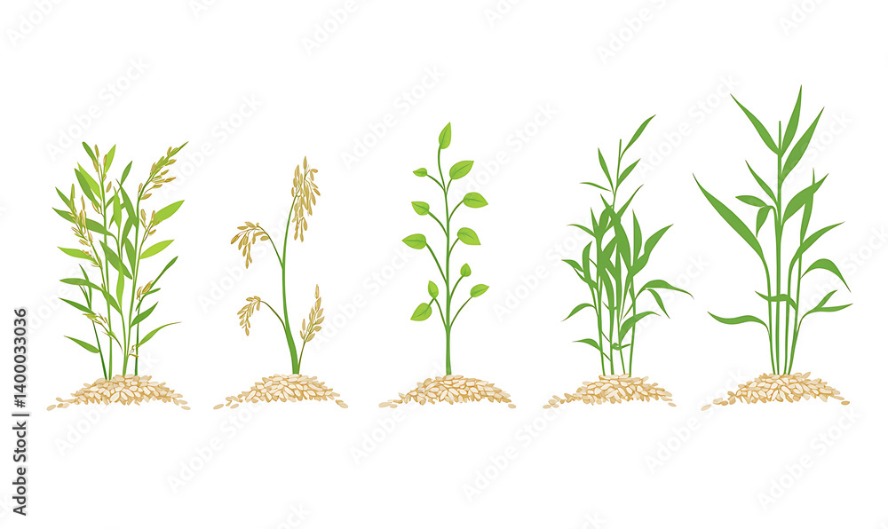 Obraz premium rice-related illustrations and smart farming technologies, focusing on grains, plants, cultivation, and innovative agricultural solutions for commercial use.