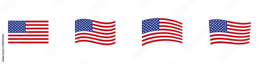Obraz premium USA flag icon set. Stripes flags united states with stars. 4 July, Veteran and Memorial day vector banner. American national symbol isolated on transparent background. Vector illustration.
