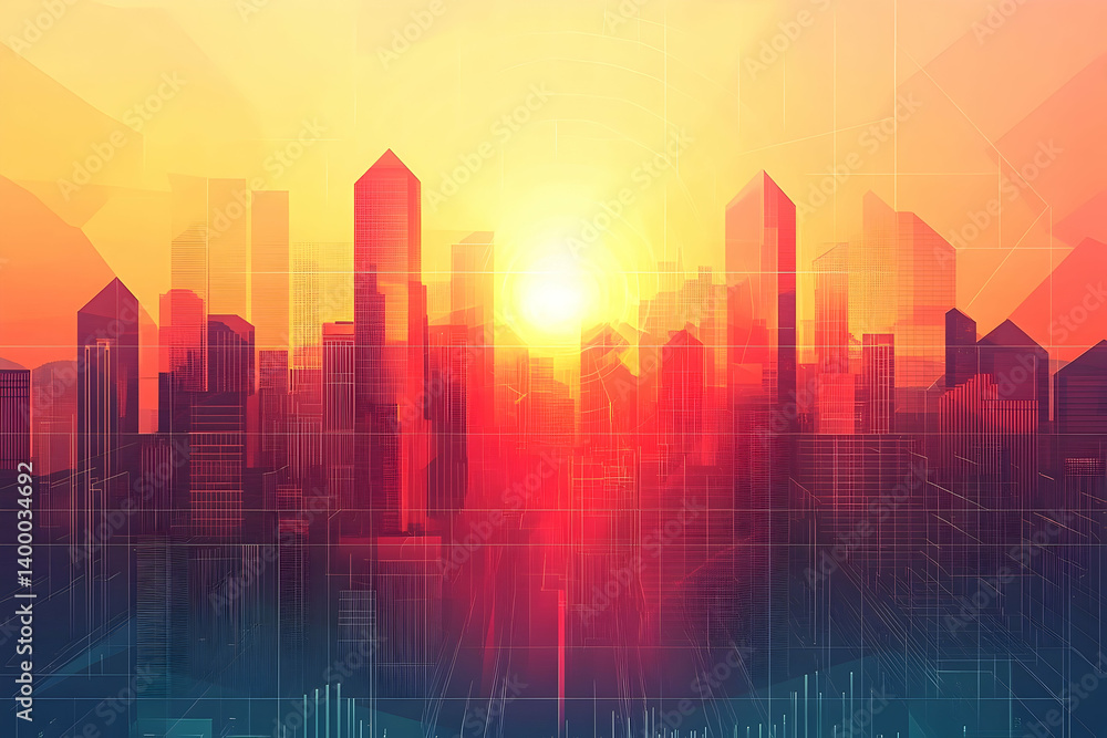 A futuristic cityscape at sunrise, rendered with vibrant hues and geometric lines. A futuristic cityscape at sunrise, rendered with vibrant hues and geometric lines.