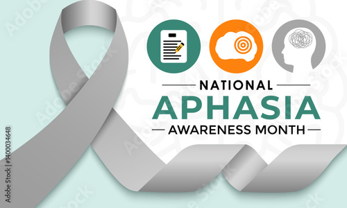 National Aphasia awareness month is observed every year in June. Human, brain with Realistic ribbon. Educate the public about aphasia a language disorder affecting speaking, writing, and comprehension