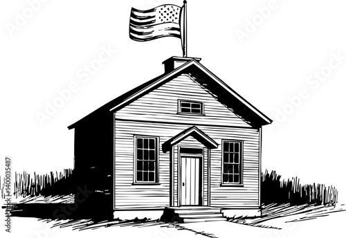 Historic schoolhouse with american flag rural setting black and white illustration traditional architecture heritage concept
