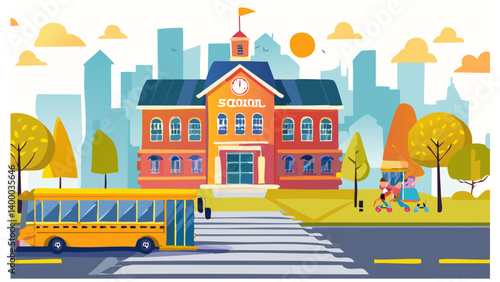 City School Zone Scene – Flat Vector with Children Crossing the Street, School