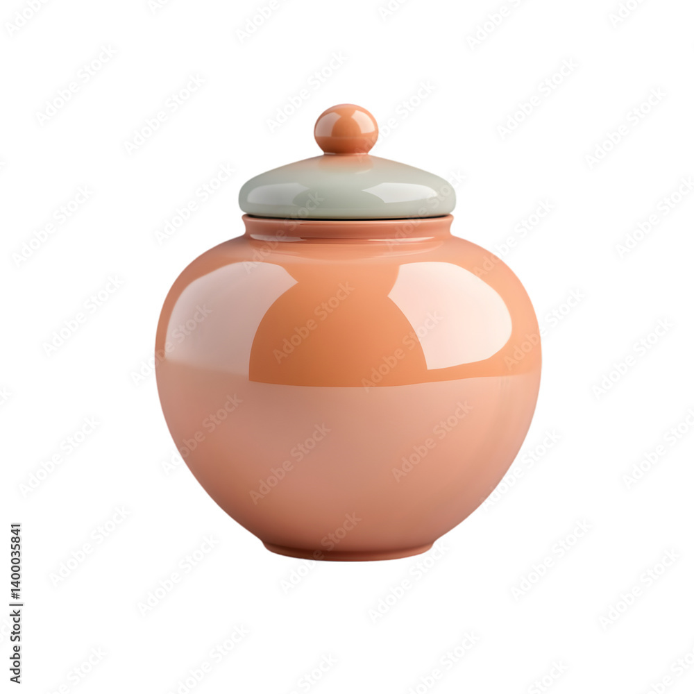 A glazed, round, light peach ceramic jar with a gray lid. A glazed, round, light peach ceramic jar with a gray lid.