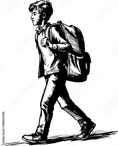 Young boy walking to school urban setting illustration daytime side view education journey