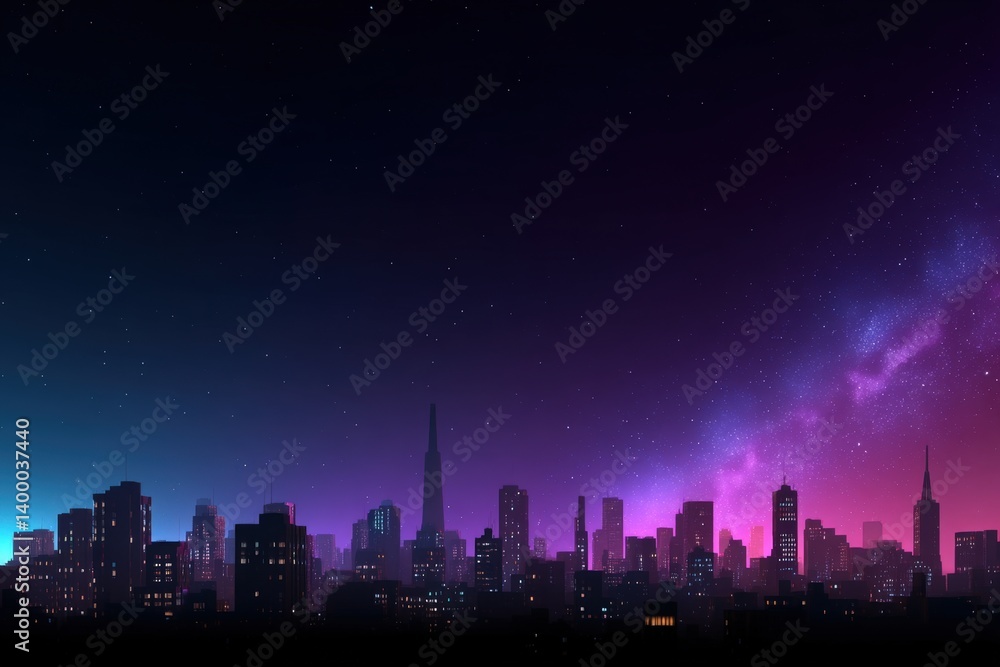 City skyline glowing with excessive artificial lights blocking the stars with copy space. Harsh neon light. Nighttime urban background. City skyline glowing with excessive artificial lights blocking the stars with copy space. Harsh neon light. Nighttime urban background.