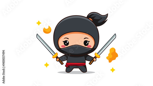 Chibi Female Ninja Character – Flat Style Vector 1