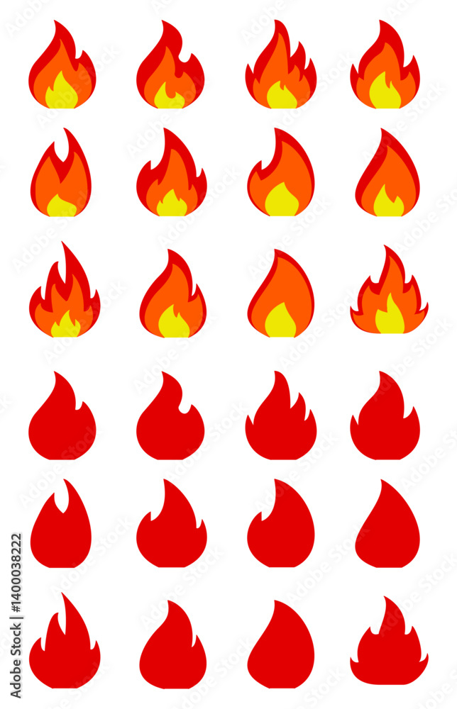 Set of red and orange fire flame, Fire icon collection. Fire flame symbol. Bonfire silhouette logotype. Flames symbols set flat style - stock vector.
Set of red and orange fire flame, Fire icon collection. Fire flame symbol. Bonfire silhouette logotype. Flames symbols set flat style - stock vector.
