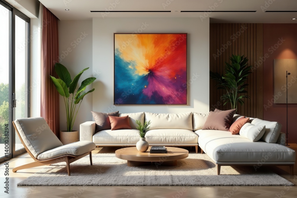 Fototapeta premium Spacious living room, plush seating, contemporary art, modern, living room