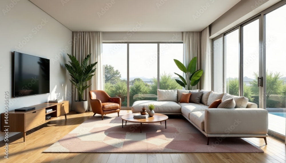 Fototapeta premium Bright open-plan living area, geometric rug, stylish seating, room, sofa