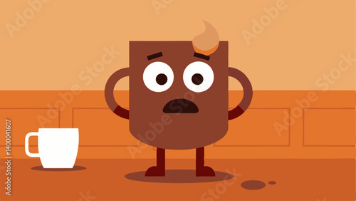 Expression of Dismay A cartoonish character with wide eyes and raised eyebrows stands in a kitchen. One hand gestures dramatically while the other holds a tipped over coffee mug