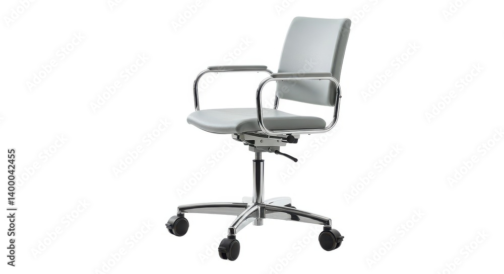 Isolated gray office chair with chrome frame and wheels on a white background in a studio setting Isolated gray office chair with chrome frame and wheels on a white background in a studio setting