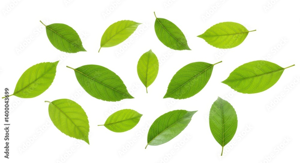 Collection of fresh green leaves scattered on a white surface creating a natural arrangement view top Collection of fresh green leaves scattered on a white surface creating a natural arrangement view top