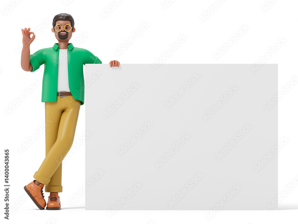 Man with 'OK' gesture holds blank sign, symbolizing approval or readiness for new ideas. 3D rendering, conceptual image. Isolated on white background. Man with 'OK' gesture holds blank sign, symbolizing approval or readiness for new ideas. 3D rendering, conceptual image. Isolated on white background.