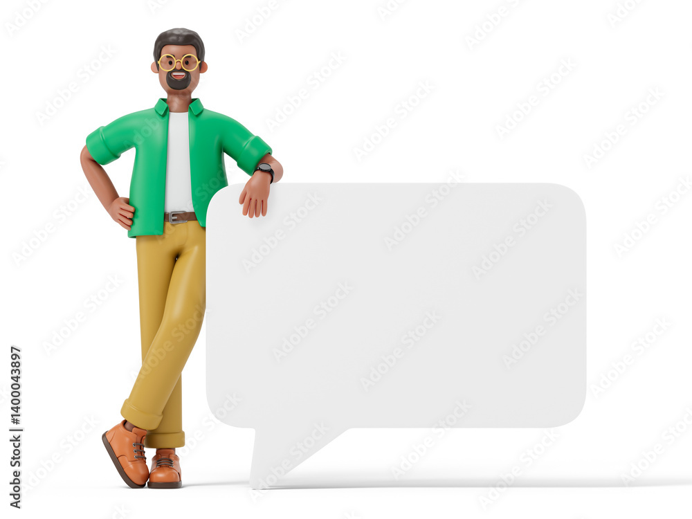 Man leans on a speech bubble, symbolizing communication or announcement readiness. 3D rendering, conceptual image. Isolated on white background. Man leans on a speech bubble, symbolizing communication or announcement readiness. 3D rendering, conceptual image. Isolated on white background.