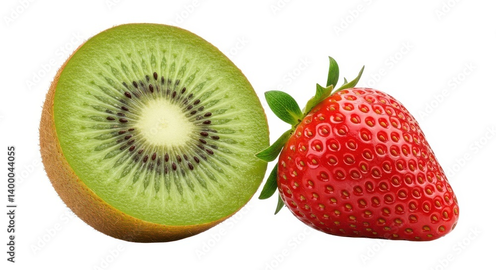A halved kiwi fruit and a whole strawberry with green leaves isolated on a white background close up A halved kiwi fruit and a whole strawberry with green leaves isolated on a white background close up