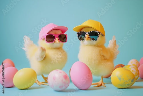 cute young fluffy Easter chick baby with cap and sunglasses