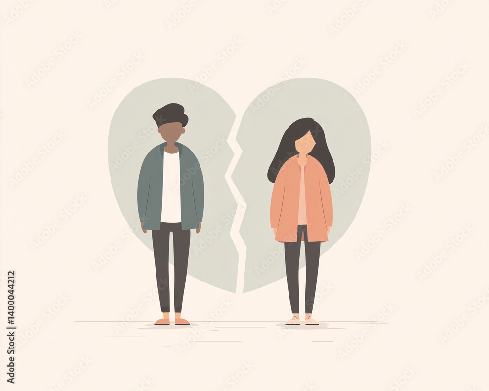 minimal couple breakup illustration with broken heart symbol in soft pastel colors, emotional distance concept with abstract flat design showing man and woman apart minimal couple breakup illustration with broken heart symbol in soft pastel colors, emotional distance concept with abstract flat design showing man and woman apart