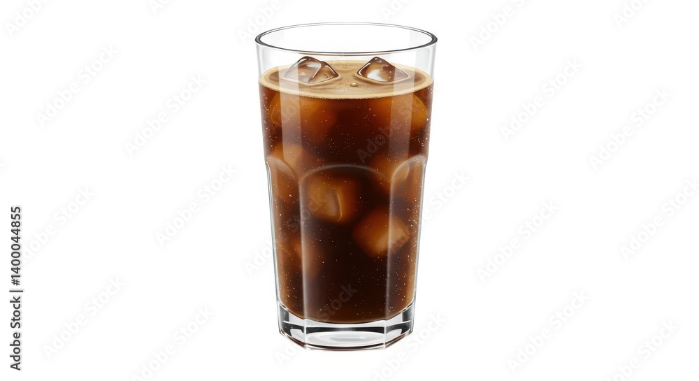 Tall glass filled with a dark liquid and ice cubes sitting on a white surface in a studio shot Tall glass filled with a dark liquid and ice cubes sitting on a white surface in a studio shot