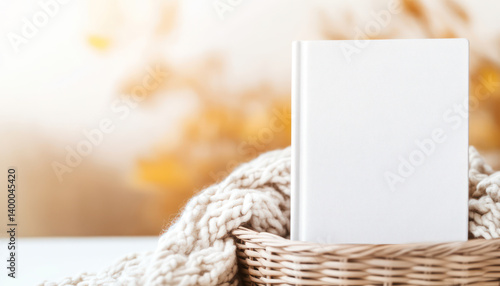 white book placed on cozy knitted blanket in woven basket, creating warm and scene. soft textures and gentle colors evoke sense of comfort and relaxation