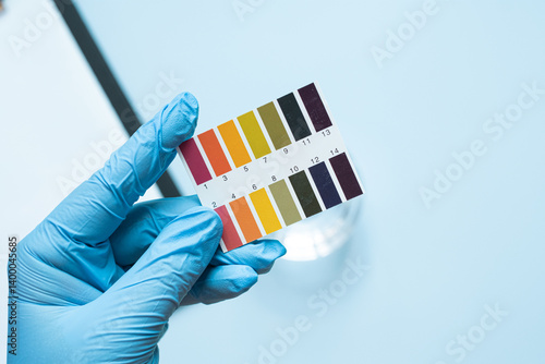 Gloved hand holding ph test strip against light blue background
