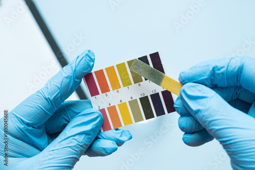 Gloved hands holding ph test strips on light blue background. Alkaline pH environment.