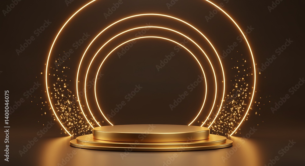 Obraz premium Golden Hour Podium: Luxurious 3D Render with Ambient Glow and Depth AI Generated