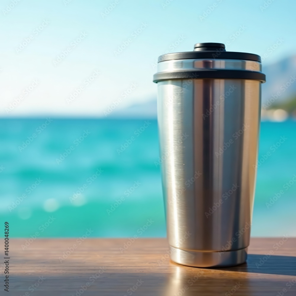 Obraz premium Close up of stainless steel water tumbler with sea horizon in background, refreshment, drink, environment