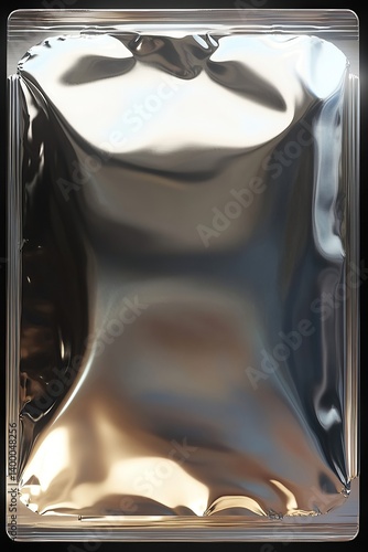 A shiny silver mylar bag with interesting light reflections and shadow gradients throughout the frame.