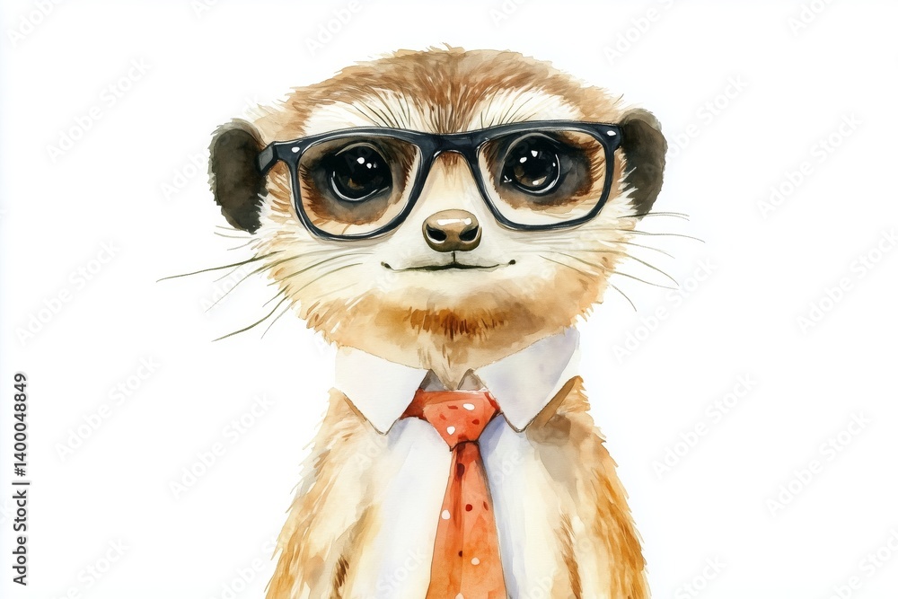 Fototapeta premium Cute meerkat. Glasses and tie. Hand painted. Watercolor illustration on white background