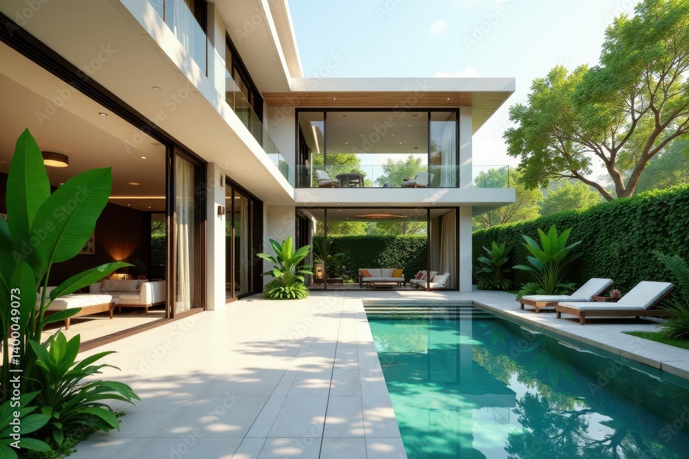 Fototapeta premium Spacious open-plan home, private garden oasis, elevated terrace, green, grass