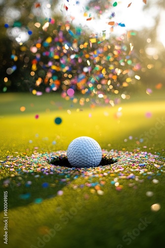 Hole-in-one celebration: A golf ball in the hole amidst a shower of colorful confetti on the green.