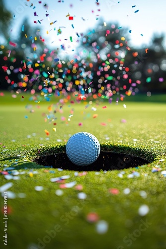 Golf ball dropping into the hole with a burst of colorful confetti, representing a hole in one celebration.