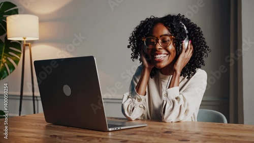 The Girl with Headphones Smiling