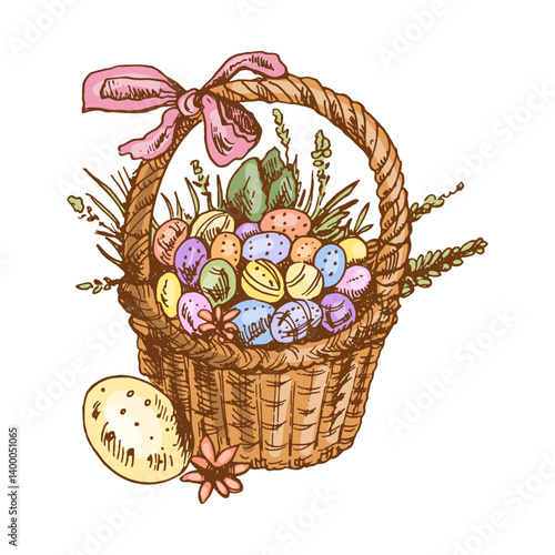 Sketch of easter basket. Hand drawn colored vintage  illustration with basket, easter eggs,  and flowers. Vector. Black and white drawing.