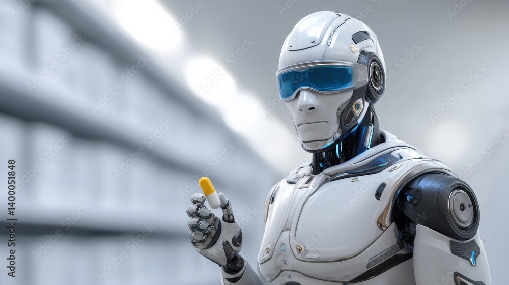 Futuristic robot holding a pill in a modern setting. Futuristic robot holding a pill in a modern setting.