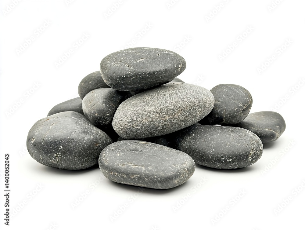 Pile of smooth, grey river stones on a white background, great for spas, zen gardens, landscaping, or crafts. Pile of smooth, grey river stones on a white background, great for spas, zen gardens, landscaping, or crafts.