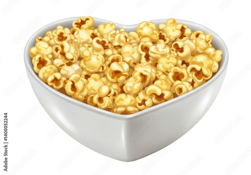 A heart shaped bowl filled with golden popcorn on a white background for a snack or movie night treat A heart shaped bowl filled with golden popcorn on a white background for a snack or movie night treat