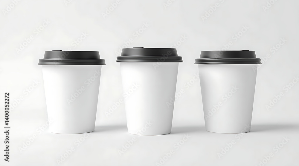 Arrangement of Three White Paper Coffee Cups with Black Lids on Neutral Background – Aesthetic Mockup Arrangement of Three White Paper Coffee Cups with Black Lids on Neutral Background – Aesthetic Mockup