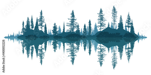 Forest reflected in water, wild lake, forest island, isolated on a white background