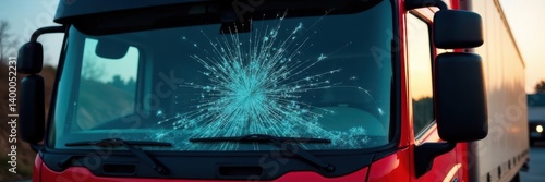 Damaged lorry windscreen requiring replacement, vehicle glass repair, damage