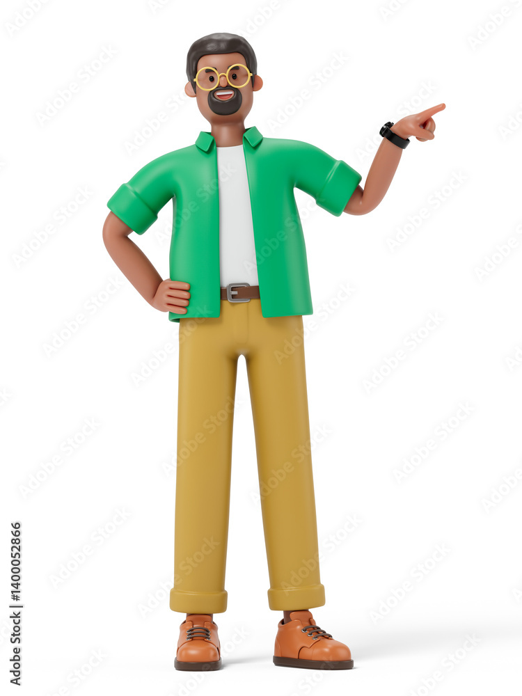 A man points to the side, symbolizing guidance or attention. 3D rendering, conceptual image. Isolated on white background. A man points to the side, symbolizing guidance or attention. 3D rendering, conceptual image. Isolated on white background.