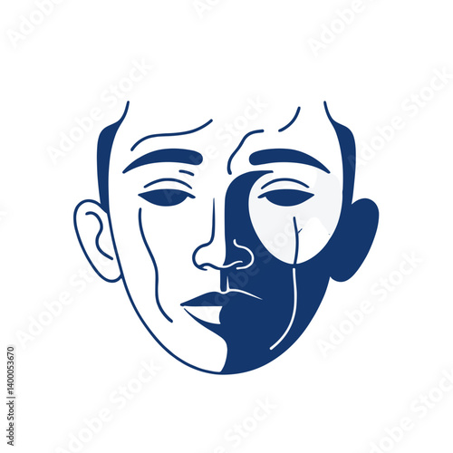 Minimalist face illustration with contrasting shadows and expression, modern graphic design